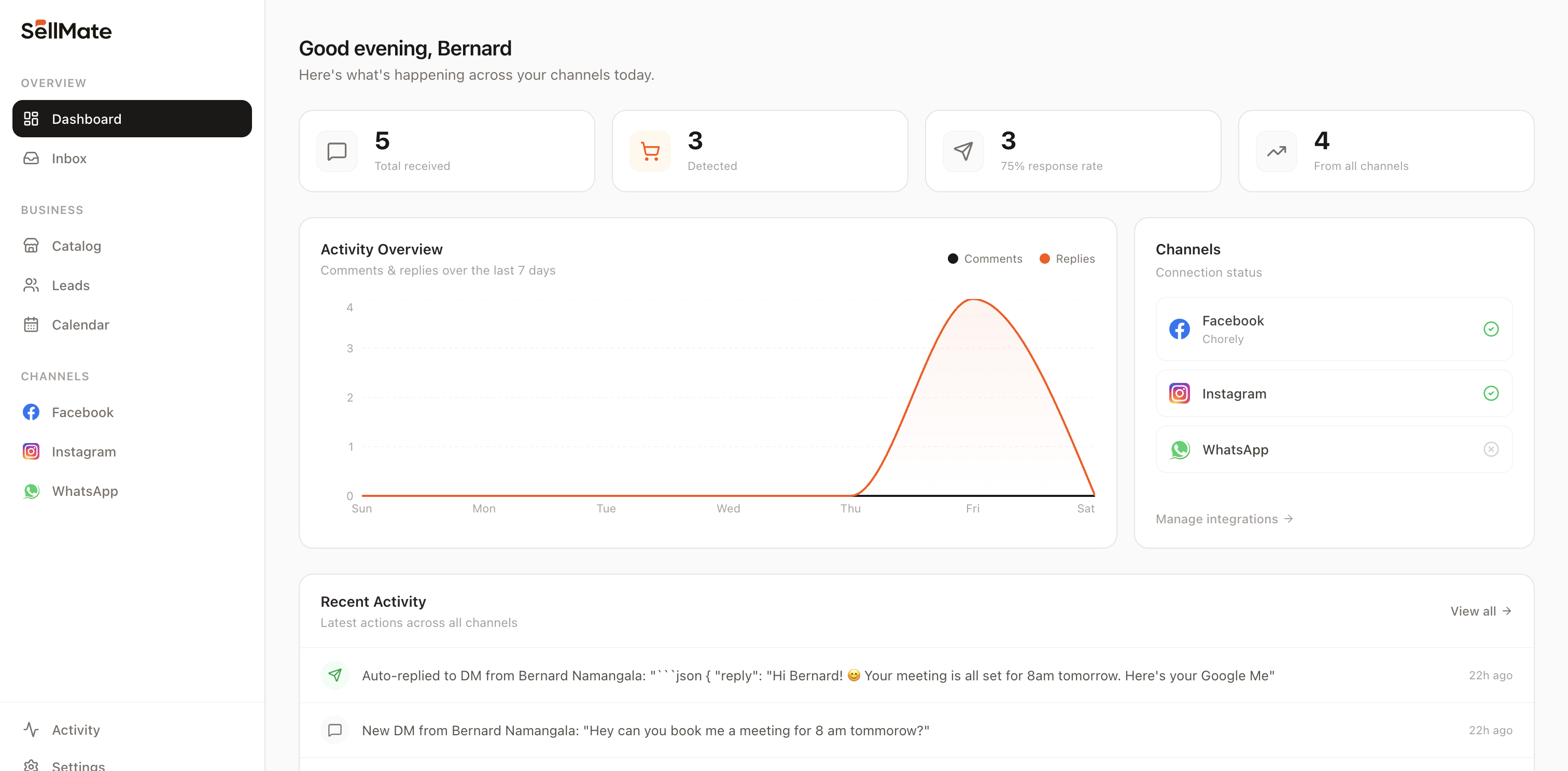 SellMate Dashboard Preview showing AI auto-replies and activity